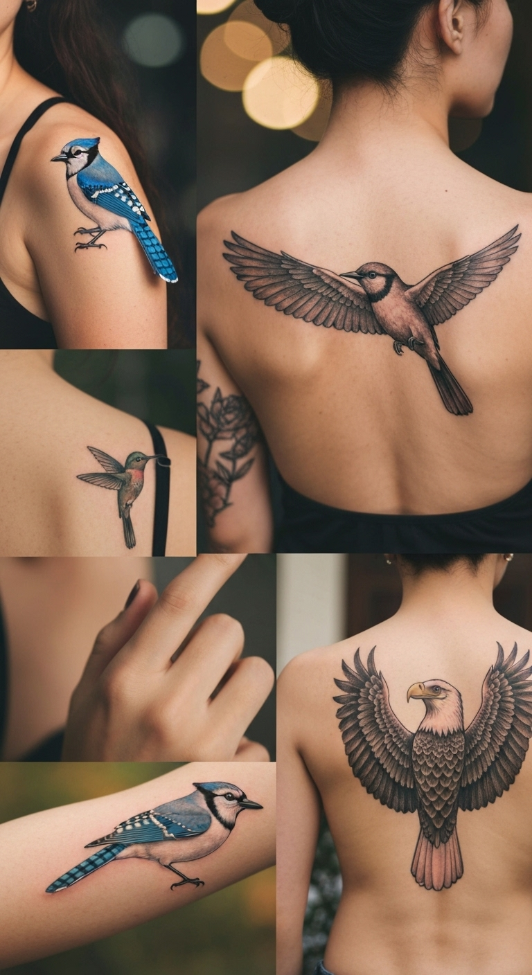 bird tattoo collage on skin